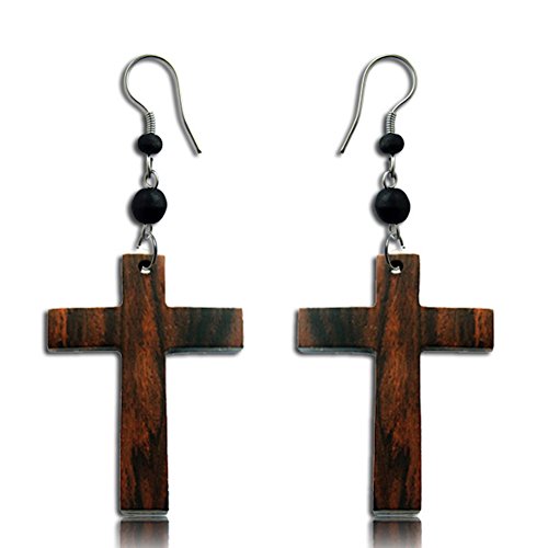 Earth Accessories Dangle Cross Earrings for Women or Men - Dangly Cross Earring with Organic Wood