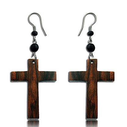 Earth Accessories Dangle Cross Earrings for Women or Men - Dangly Cross Earring with Organic Wood