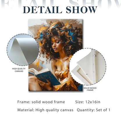 Framed Canvas Wall Art Reading Black Women Painting Print Abstract Poster Gallery Style Modern Figurative Picture 12x16 Inch Ready To Hang - color: Black women, size: 12x16 inch