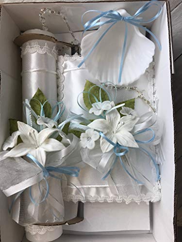 OOKi- Flower Cross Baptism Candle Set Kit for Christenings with Shell - Spanish (Blue) - color: Blue
