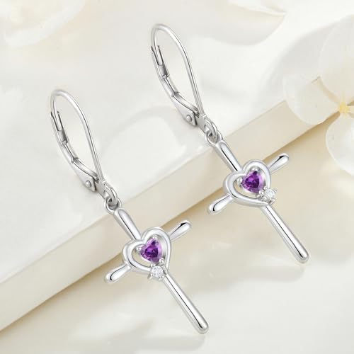 Cross Earrings 925 Sterling Silver Opal Crucifix Dangle Drop Earring Heart Birthstone Religious Jewelry for Women - color: 02-amethyst-Feb