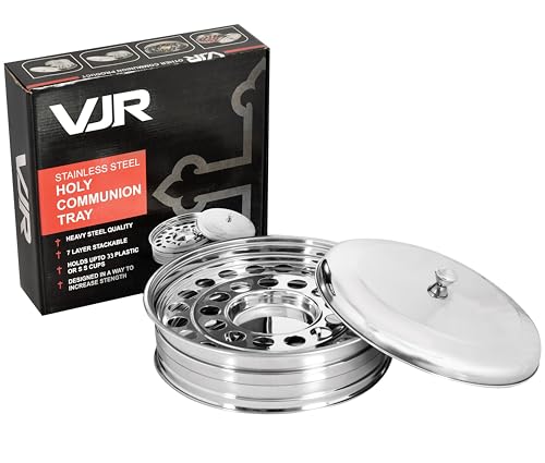 VJR Communion Tray for Churches with Lid, 33-Cup Stainless Steel Communion Set with Reusable Cups, Stackable Church Communion Serving Tray with Bread Plate, Silver, Rust Resistant - style: Bread Plate set 1