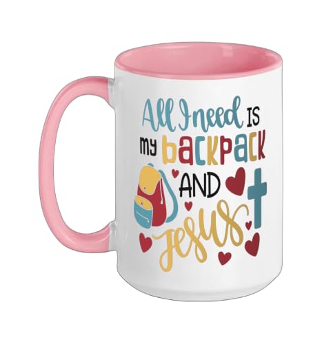 All I Need Is My Backpack and Jesus School Christian Kids Ceramic Mug, Pink/White, 15oz - color: Pink/White, size: 15 Ounces