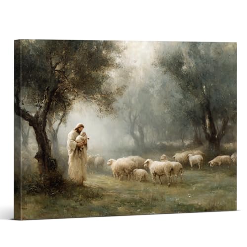 Christian Jesus Sheep Wall Art Decor Religious the Shepherd Canvas Print Painting Spring Easter Wall Decorations for Home Farmhouse 8x10 Inch Framed - color: Christ-3