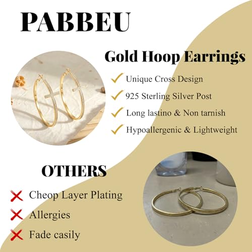 PABBEU 925 Sterling Silver Cross Hoop Earrings for Women Hypoallergenic - color: 40mm gold
