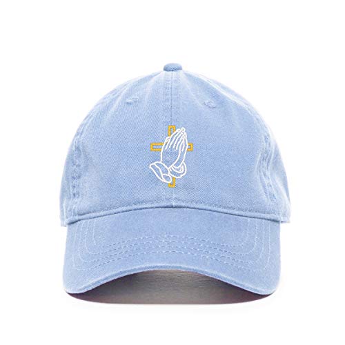 Praying Hands with Cross Baseball Cap Embroidered Cotton Adjustable Dad Hat - color: Light Blue