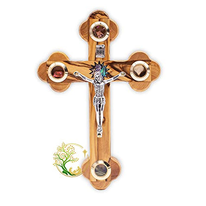 Wall Cross Flowers, Incense, Olive Leaf and Stones/Wooden Cross with Mother of Pearl Bethlehem Star from the Holy Land Made from Olive Wood - Crucfix for Communion, Baptism or Christening Gifts Medium