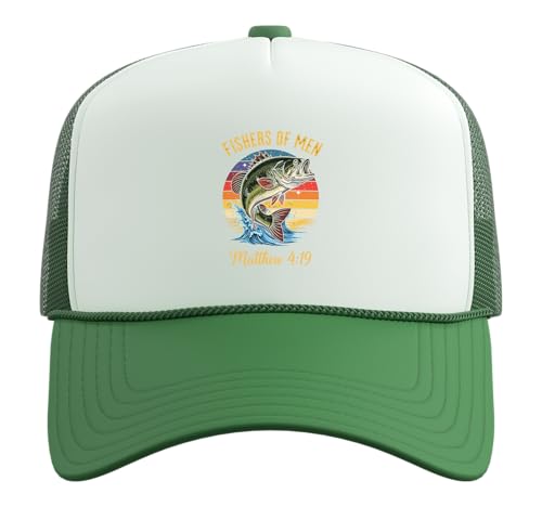 Fishers of Men Matthew 4-19 Bible Christian Fishing Lover Trucker Hat with Adjustable Mesh Back - color: Kelly Green/White
