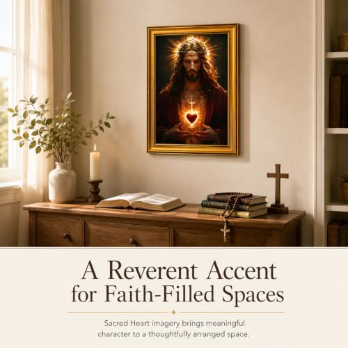 Sacred Heart of Jesus Gold Framed Canvas Wall Art, 12x16 Inch - color: Black And White-8, size: 16"L x 12"W