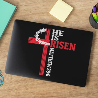 Premium He is Risen Cross Decal – Christian Jesus Car Sticker with Bible Verse Matthew 28:6, Durable Weatherproof Religious Vinyl Window Decal Size 6x6 inches