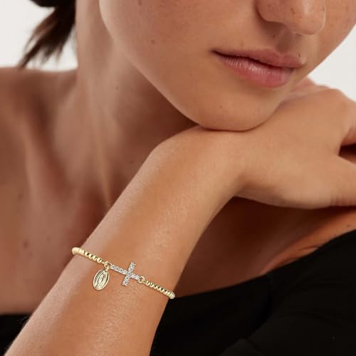 HZMAN 14K Gold Plated Cross Bracelet for Women, Brass Adjustable Bolo Bracelet with CZ, Religious Saint Benedict/Virgin Mary/Jude Pendant Jewelry Gift - color: Virgin Mary