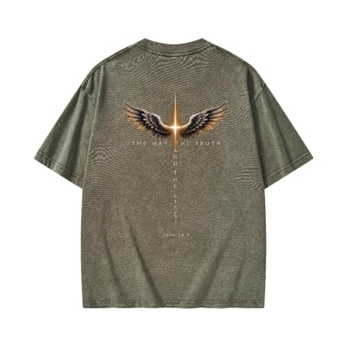 Christian Shirt for Men Women The Way The Truth The Life Angel Wings Cross Faith Vintage Washed Tee John 14:6 Bible Verse - color: Army Green, size: Large