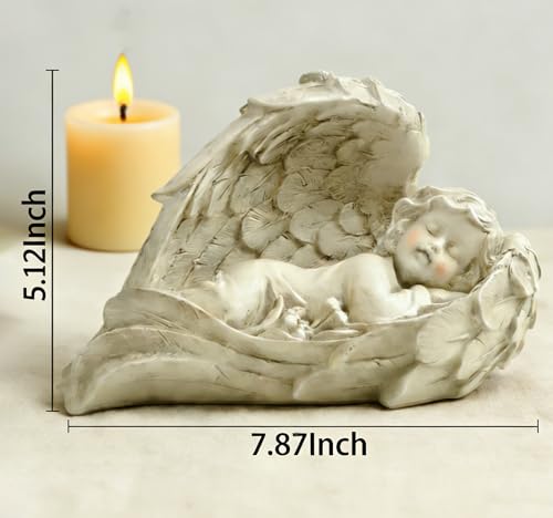 Sleeping Angel Statue, Baby in Wings Cherub Figurine - size: 7.9"H