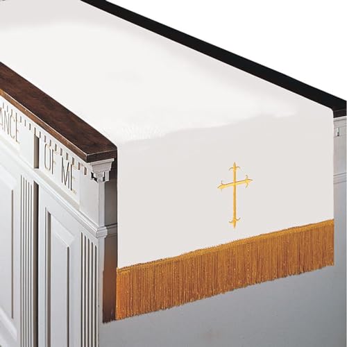 Trinity Church Supply Black and White Reversible Fleur-de-Lis Cross Communion Table Runner Catholic Church Supplies Indoor Outdoor Party Table Cloths, 20 Inch x 82 Inch
