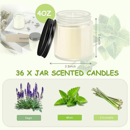 ACITHGL 36 Pcs 4oz Mini Mason Jar Candles Small Scented Candles Bulk Aromatherapy Ideal Souvenir Favors for Wedding Birthday Party (Sage, Mint, Citronella, Black) - color: Black, style: Sage, Mint, Citronella