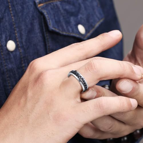 Mens Fidget Rings Anxiety Ring for Men 6mm 8mm Chain Spinner Ring Size 5-14 - color: Titanium Silver Black