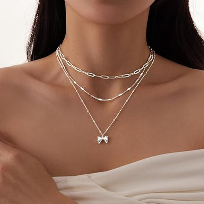 Poxtex Layered Gold Necklaces for Women, Stackable Dainty 14K Gold Silver Plated Trendy Simple Heart Diamond Cross Bow Circle Pendant Paperclip Choker Dot Chain Necklace,Jewelry Set Gifts for Women - color: Silver, style: Bow1