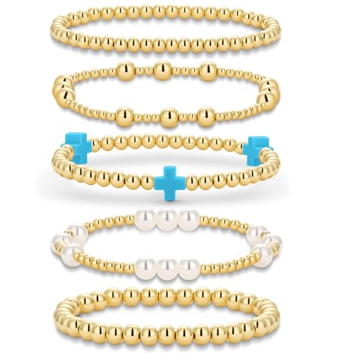 Gold Beaded Pearl Cross Bracelets Stackable Christian Stretch Jewelry Set - color: Turquoise Blu