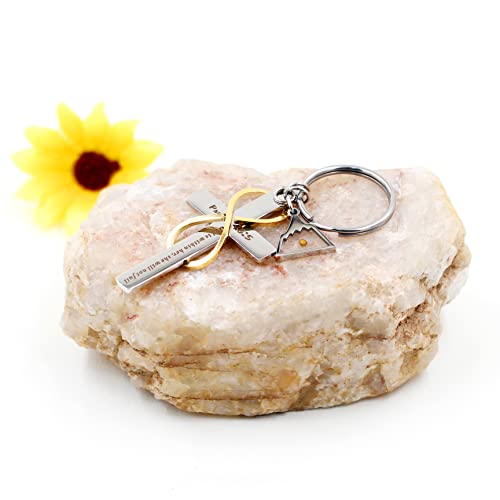 Uloveido Stainless Cross Infinity Keychain Mustard Seed Charms Psalm 46:5 Christian Bible Quote Keyring Baptism Gift - style: Triangle Mountain