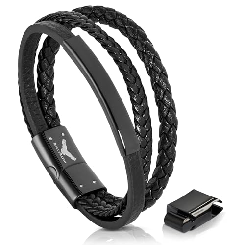 RogueRaven Black Leather Bracelet for Men – Premium Collection – Brown Black Gold Silver | Genuine Leather Mens Bracelet with Stainless Steel Clasp [Adjustable] | In Luxury Gift Box - color: black black