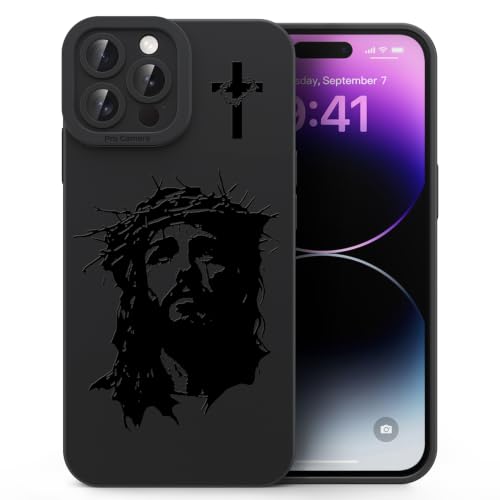 for iPhone 14 Pro Max Christian Phone Case, Crown Thorns Design - color: Black-Jesus Face, size: iPhone 14 Pro Max