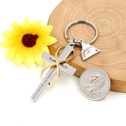 Uloveido Stainless Cross Infinity Keychain Mustard Seed Charms Psalm 46:5 Christian Bible Quote Keyring Baptism Gift - style: Triangle Mountain