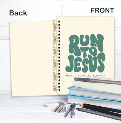 Beige and Green Christian Spiral Notebook, Run to Jesus Bible Verse Journal, Religious Scripture Journals for Writing, Bible Notebooks for Note Taking, Church Notes Journal, 5.5x8.3 Inch - color: God-Beige and