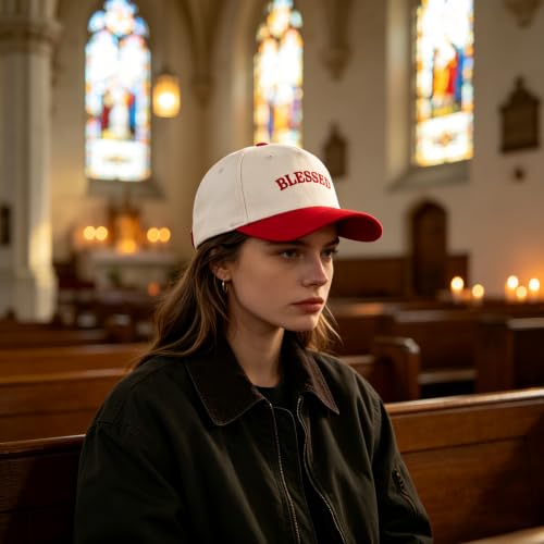 Embroidered Christian Two-Tone Baseball Cap for Men & Women, Adjustable Dad Hat Christmas Easter Gift - color: Blessed, Red/Beige