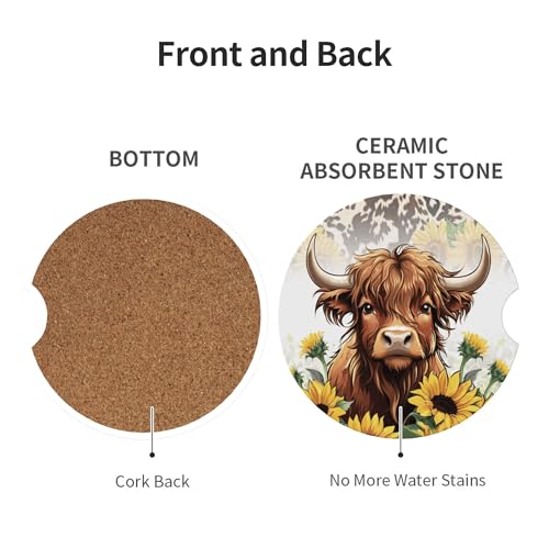 Highland Cow Car Cup Holder Coasters 2 Pack 2.63" for Women - color: Yellow