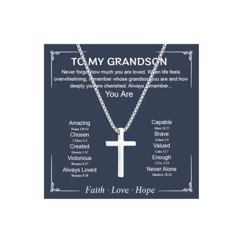 Small Cross Necklace for Boys Baptism Christmas Confirmation Valentines Easter Birthday Gifts to Teens Son Grandson Nephew - color: silver, style: Grandson-1