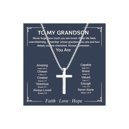 Small Cross Necklace for Boys Baptism Christmas Confirmation Valentines Easter Birthday Gifts to Teens Son Grandson Nephew - color: silver, style: Grandson-1