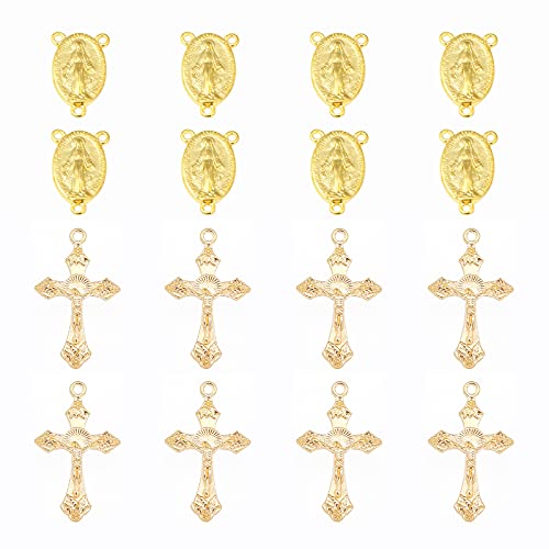 SUNNYCLUE Golden Tibetan Style Rosary Cross Charms Center Miraculous Medal with Alloy Crucifix Cross Charm Oval Chandelier Gold Links Connectors for Rosary Holy Beads Easter Necklace Party Favor - color: 40Pcs Golden Color Cross Charms and Linking Charm