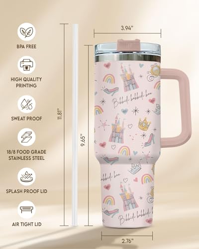 Pink Fairy Tale Tumbler 40oz with Handle with Handle and Straw - color: Princess Pink Vintage