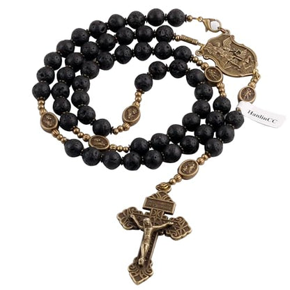 HanlinCC Black Lave Stone Beads Saint Michael Catholic Rosary Necklace with Gift Bag - color: Anti-Bronze