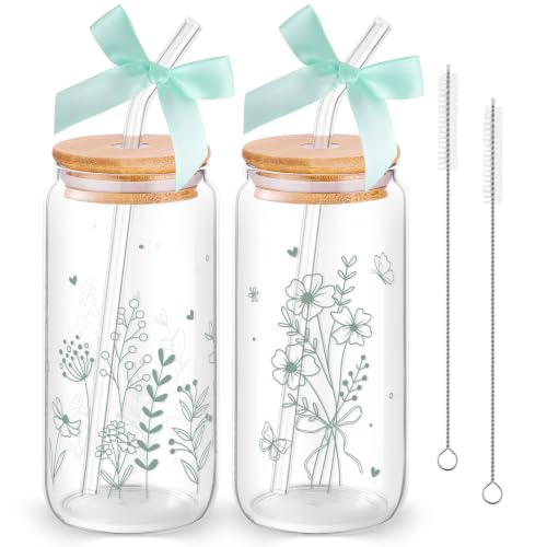2 Pcs Floral Glass Cups Cute Flower Iced Coffee Cup With Lids and Straws - style: Sage Green Floral