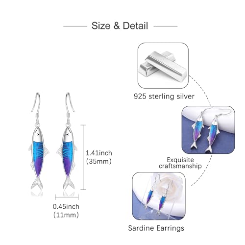 Sardine Fish Earrings for Sea Lovers - Sterling Silver Sardine Fish Dangle Earrings Marine Theme Fishing Party Ocean Jewelry Gift for Beach Vacation