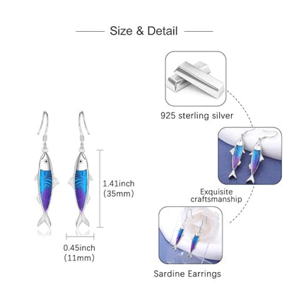 Sardine Fish Earrings for Sea Lovers - Sterling Silver Sardine Fish Dangle Earrings Marine Theme Fishing Party Ocean Jewelry Gift for Beach Vacation