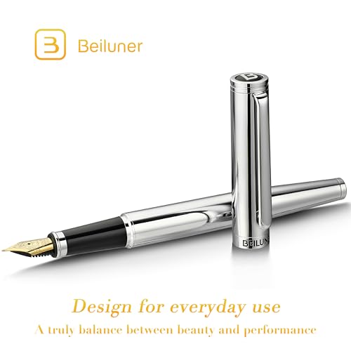 BEILUNER Silver Fountain Pen,Stunning Luxury Pens with Bright Silver Chrome, Gorgeous 24K Gilded Nib(Fine),Gift Pen Set for Men&Women -Ink Converter-Elegant, Professional, Nice Pen for Writing - color: Silver, style: Fine Nib