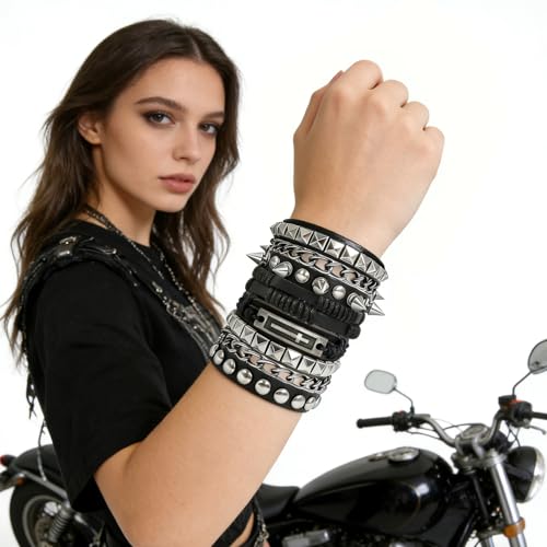 4 Pcs Leather Cuff Bracelets for Men with Spiked Cross Studded Stars Charms - color: Black-Cross