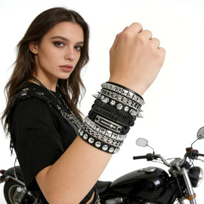 4 Pcs Leather Cuff Bracelets for Men with Spiked Cross Studded Stars Charms - color: Black-Cross