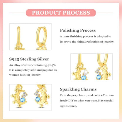 925 Sterling Silver Cute Animal Unique Huggie Hoop Earrings for Women - color: Gold Star Moon