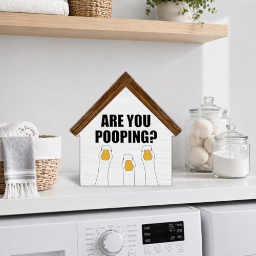 Funny Goose Bathroom Decor, Are You Pooping House Shaped Wooden Sign - color: duck