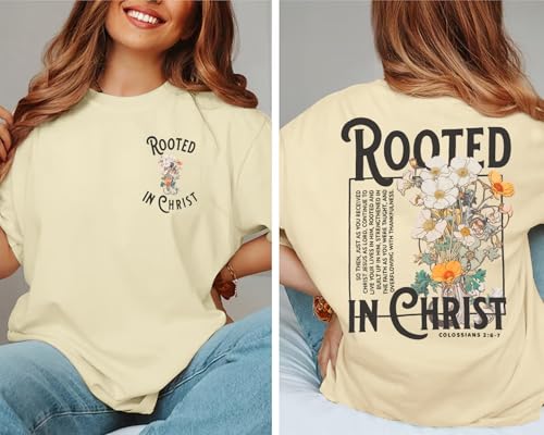 Rooted in Christ Shirt Christian Shirts for Women Jesus Oversized Tshirt - color: Beige, size: X-Large