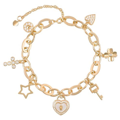 Boho Cute Gold Charm Link Bracelet for Women Starfish Clover Cross Star Lock Key Heart Pearl Charm Bracelets Vacation Spring Summer Santa Claus Reindeer Christmas Party Jewelry Gifts for Womens - style: Gold Lock and Key Charm