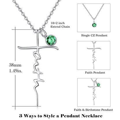 PRAYMOS Faith Cross Necklace for Women 925 Sterling Silver Pendant Necklace With Birthstone Initial Christian Religious Confirmation Baptism Mothers Day Gifts - color: 2-Silver May(Emerald)