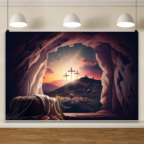 Easter Jesus Christ Cross Backdrop He is Risen Resurrection of Jesus Shroud Crucifixion Mountain Decorations Background Sepulcher Sunset Religious Belief Studio Props 5x5ft - size: 5x5ft(150x150cm)