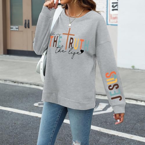 Tuislay Christian Sweatshirt Womens Jesus God Pullover Bible Verse Crewneck Sweatshirts Religious Cross Graphic Shirts - color: Light Gray, size: Medium
