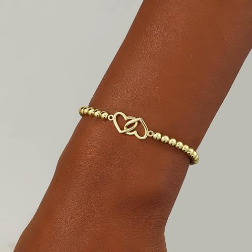 Beaded Bracelets for Women 14K Silver Gold Plated Stretch Handmade Ball Bracelets Cute Charm Bracelet Dainty Stackable Cross Heart Bow Wave CZ Circle Trendy Jewelry Easter Gifts - color: Gold-4