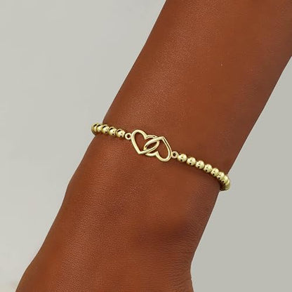 Beaded Bracelets for Women 14K Silver Gold Plated Stretch Handmade Ball Bracelets Cute Charm Bracelet Dainty Stackable Cross Heart Bow Wave CZ Circle Trendy Jewelry Easter Gifts - color: Gold-4
