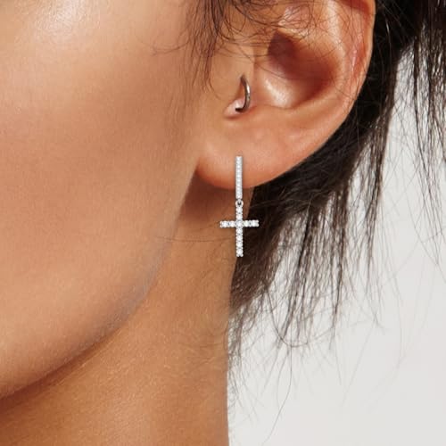 14K Gold Plated Cross Earrings for Women Men, CZ Cross Dangle Earrings Hypoallergenic Jewelry Gift - color: Silver